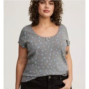 Torrid Floral Lace Trim Fitted Scoop Neck Tshirt Size 3X Gray Blue Baby Tee